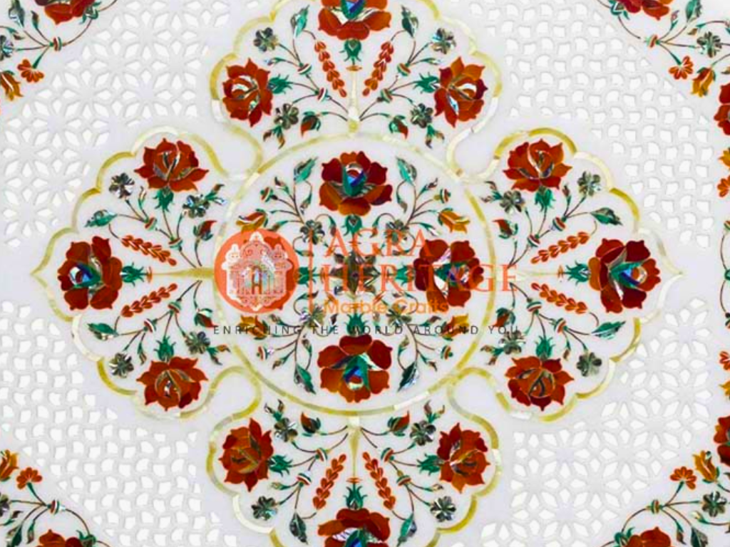 Top White Coffee Table Carnelian Marquetry Inlay Art